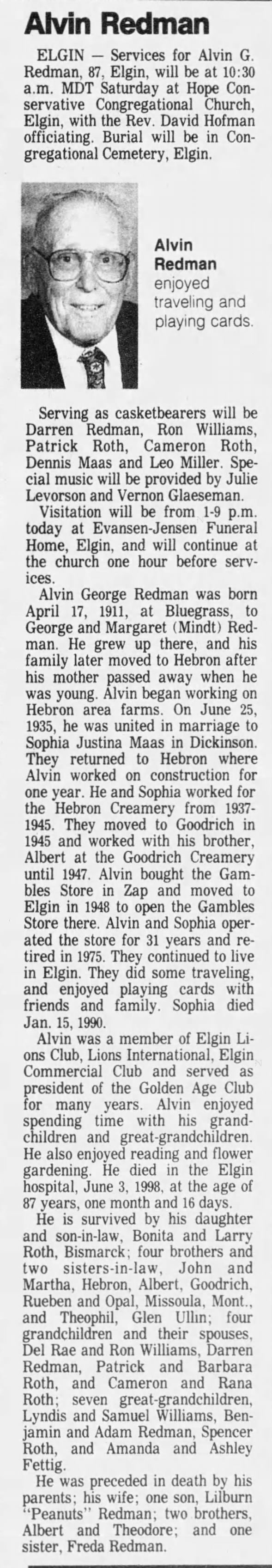 Alvin George Redman Obit
